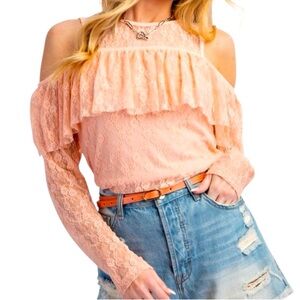easel Peach Lace Cold-Shoulder Ruffle Blouse